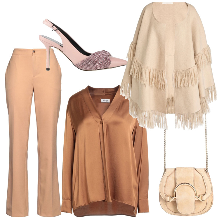 Outfit donna - Cena elegante in mantella. Stile Chic per Serata fuori. Abbinamento con cappe, pantaloni, marsupi, décolleté, camicie.