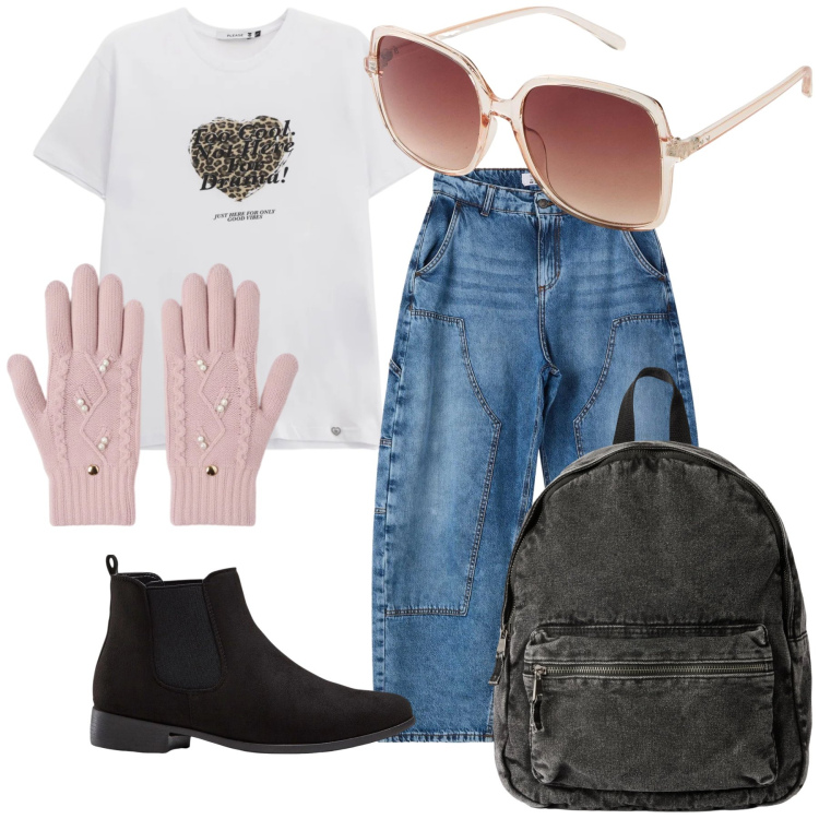 Outfit donna - Buon anno d amore. Stile Casual per Tutti i giorni. Abbinamento con stivaletti chelsea, occhiali da sole, guanti, zaini, jeans dritti, t-shirt.
