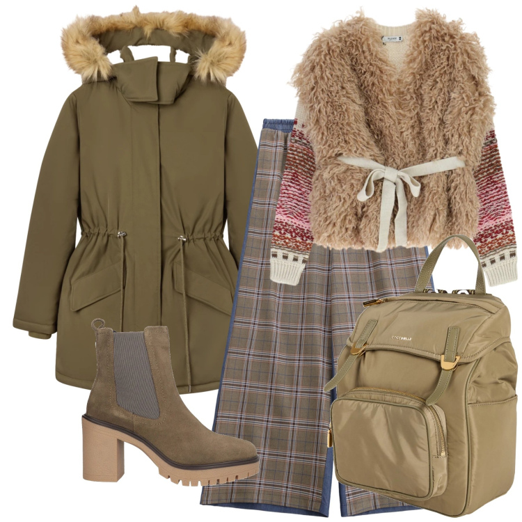 Outfit donna - Ma che freddo fa. Stile Basic per Tutti i giorni. Abbinamento con stivaletti chelsea, zaini, parka, pantaloni a palazzo, maglieria.