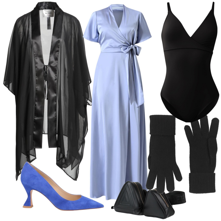 Outfit donna - Vestito celestiale. Stile Bon Ton per Serata fuori. Abbinamento con cappe, décolleté, guanti, marsupi, vestiti lunghi, body.