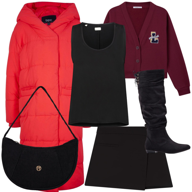 Outfit donna - Total look. Stile Urban per Tutti i giorni. Abbinamento con piumini, stivali, gonne, cardigans, borse a mano, top.