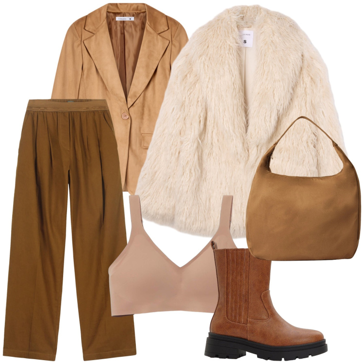 Outfit donna - Reggiseno blazer pellicciotto. Stile Urban per Ufficio. Abbinamento con stivaletti chelsea, blazer, bralette, borse a mano, ecopellicce, pantaloni.