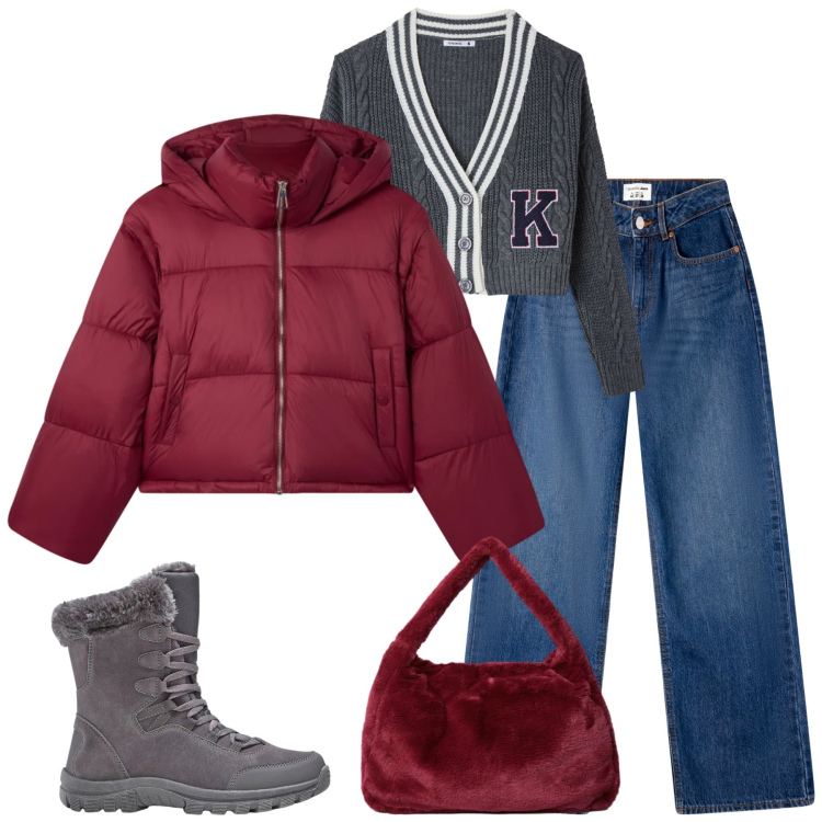 Outfit donna - Gennaio. Stile Casual per Tutti i giorni. Abbinamento con stivaletti, jeans, bomber, cardigans, borse a spalla.