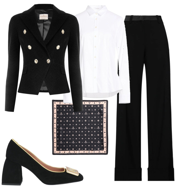 Outfit donna - B&W. Stile Chic per Tutti i giorni. Abbinamento con pantaloni, décolleté, camicie, sciarpe, blazer.
