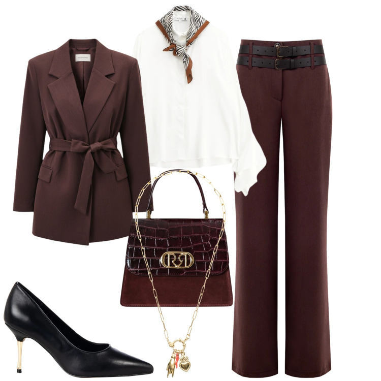 Outfit donna - City. Stile Urban per Tutti i giorni. Abbinamento con camicie, ciondoli, pantaloni, blazer, décolleté, borse a mano.