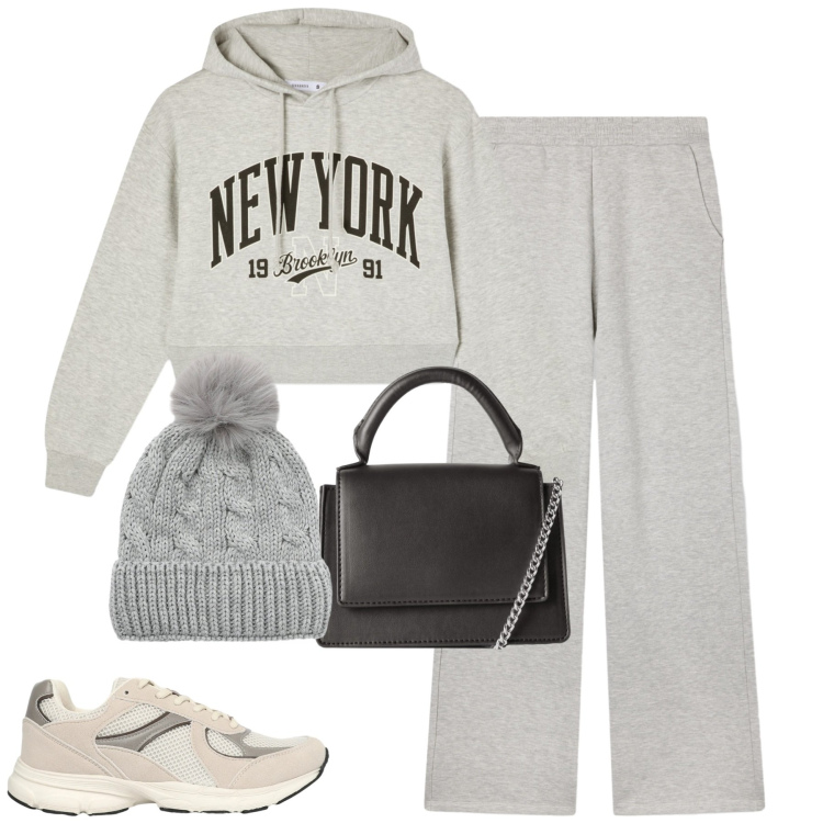 Outfit donna - Gennaio. Stile Casual per Tutti i giorni. Abbinamento con pantaloni, borse a tracolla, felpe con cappuccio, sneakers, berretti.
