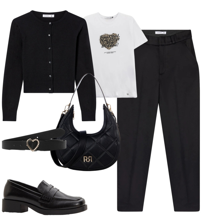 Outfit donna - In ufficio. Stile Minimal per Ufficio. Abbinamento con mocassini, pantaloni chino, cardigans, cinture, t-shirt, borse a tracolla.