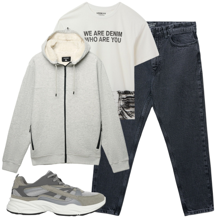 Outfit uomo - Terranova. Stile Casual per Tutti i giorni. Abbinamento con t-shirt, sneakers, jeans strappati, felpe con cappuccio.