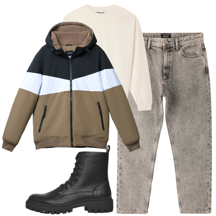 Outfit uomo - Gennaio. Stile Casual per Tutti i giorni. Abbinamento con jeans dritti, piumini, anfibi, felpe.