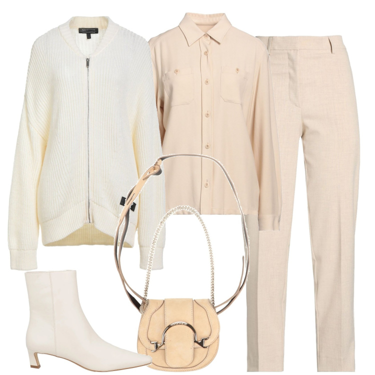 Outfit donna - Chiara in gennaio. Stile Casual chic per Ufficio. Abbinamento con pantaloni, marsupi, stivaletti, camicie, cardigans.