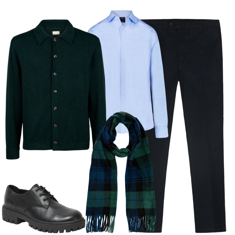 Outfit uomo - In ufficio. Stile Urban per Ufficio. Abbinamento con scarpe stringate, camicie, sciarpe, polo, pantaloni.