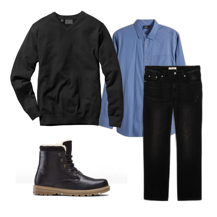 Outfit homme - Janvier. Style Tendance pour Bureau. Assortir avec pulls, bottes, jean coupe droite, chemisiers.