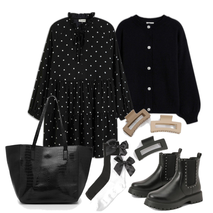 Outfit femme - Janvier. Style Bon Ton pour Tous les jours. Assortir avec pulls, robes, sacs tote, accessoires pour cheveux, bottes, socquettes.