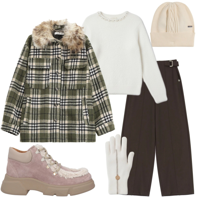 Outfit donna - Confortevole sotto la neve. Stile Casual chic per Tutti i giorni. Abbinamento con stivaletti, guanti, maglieria, cappotti, pantaloni a palazzo, berretti.