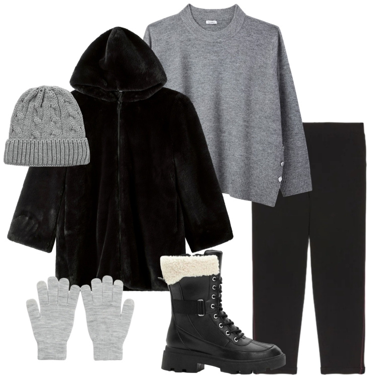 Outfit donna - Confortevole sotto la neve. Stile Urban per Tutti i giorni. Abbinamento con anfibi, maglieria, berretti, guanti, ecopellicce, pantaloni.