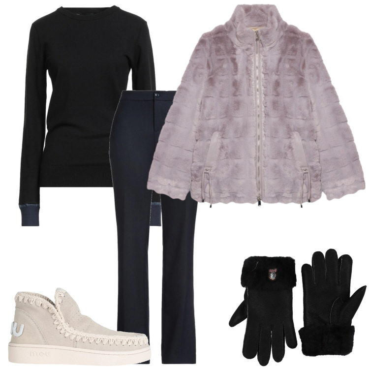 Outfit donna - Confortevole sotto la neve. Stile Casual chic per Serata fuori. Abbinamento con pantaloni, stivaletti, pullovers, guanti, ecopellicce.