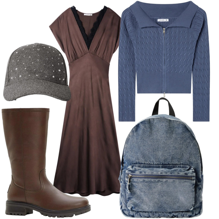 Outfit donna - Il vestito sorprendente. Stile Glamour per Scuola/Università. Abbinamento con stivali, vestiti lunghi, cappelli con visiera, zaini, cardigans.