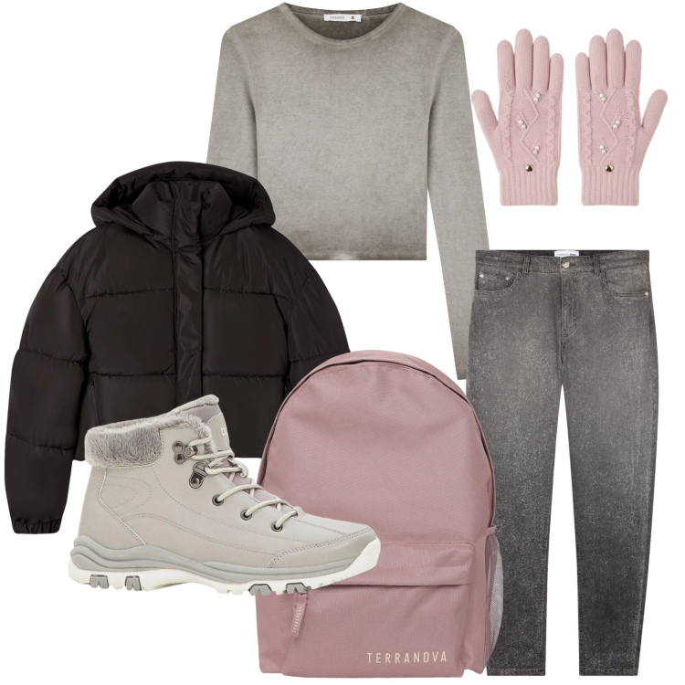 Outfit donna - Dinamica. Stile Casual per Scuola/Università. Abbinamento con stivaletti, t-shirt, jeans skinny, zaini, bomber, guanti.