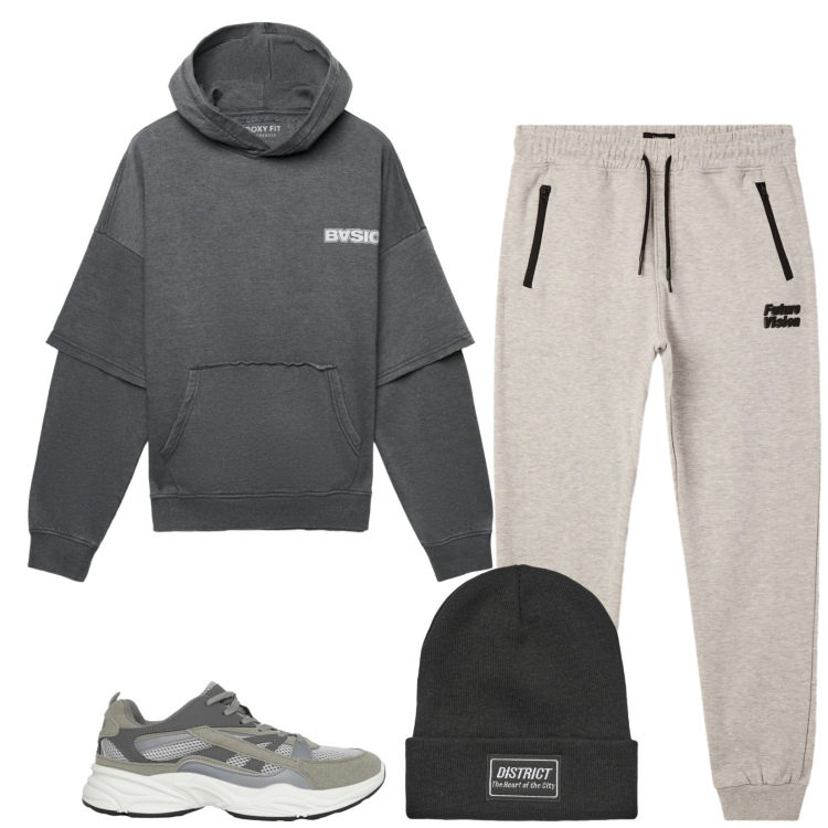 Outfit uomo - Total look #2314587. Stile Urban per Sport. Abbinamento con pantaloni, felpe con cappuccio, sneakers, berretti.