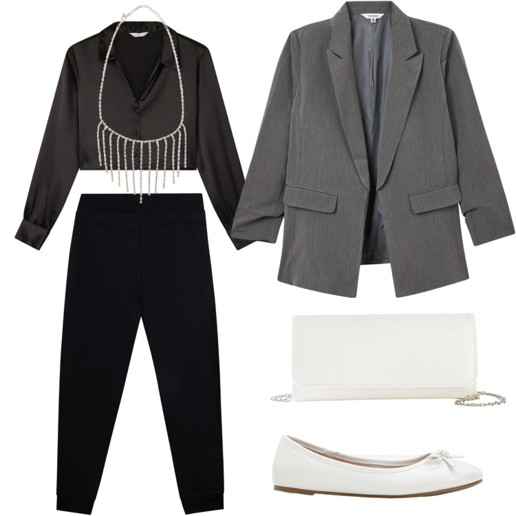 Outfit donna - Look serale. Stile Casual per Serata fuori. Abbinamento con ballerine, pochette, collane, camicie, blazer, pantaloni.