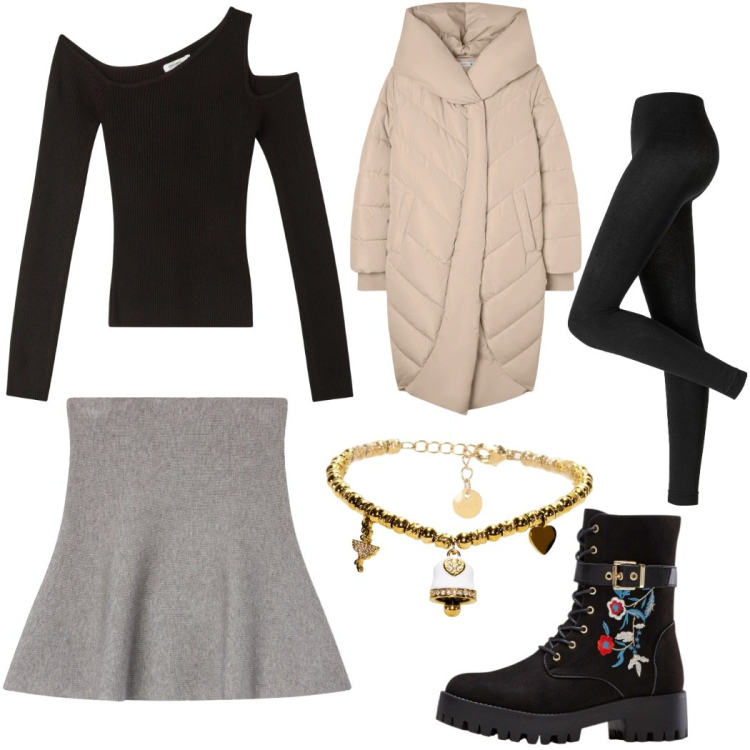 Outfit donna - Total look #2314594. Stile Rock per Tutti i giorni. Abbinamento con stivali, leggings, cappotti, minigonne, maglieria, braccialetti.