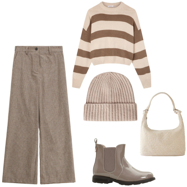 Outfit donna - Total look #2314595. Stile Casual chic per Tutti i giorni. Abbinamento con shopping bag, stivaletti chelsea, maglieria, berretti, pantaloni a palazzo.