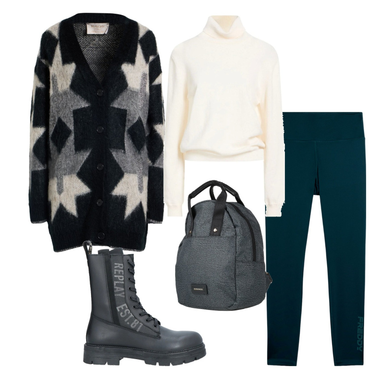 Outfit donna - Total look #2314598. Stile Casual per Tutti i giorni. Abbinamento con cardigans, anfibi, zaini, maglieria, leggings.