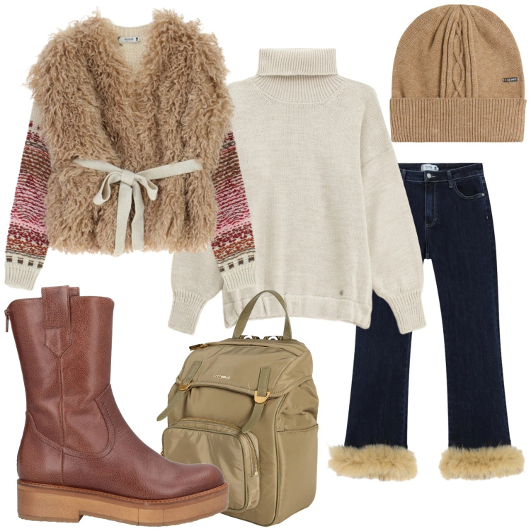Outfit donna - Febbraio freddo. Stile Trendy per Tutti i giorni. Abbinamento con zaini, stivaletti, maglieria, pantaloni, maglieria, berretti.