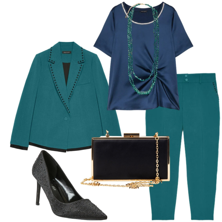 Outfit donna - Total look #2314606. Stile Bon Ton per Cerimonia. Abbinamento con décolleté, pochette, blazer, bluse, pantaloni chino, collane.