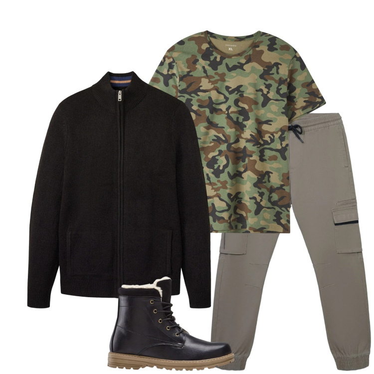 Outfit uomo - Total look #2314609. Stile Urban per Tutti i giorni. Abbinamento con stivali e stivaletti, cardigans, t-shirt, pantaloni cargo.