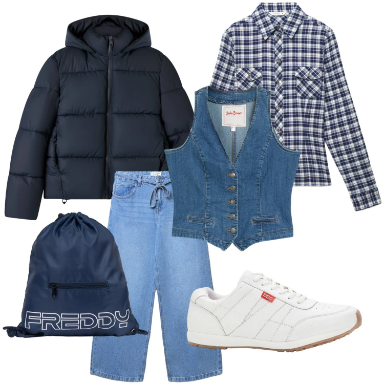 Outfit donna - Denim e quadri. Stile Casual per Scuola/Università. Abbinamento con gilet, sneakers, jeans, bomber, camicie, zaini.