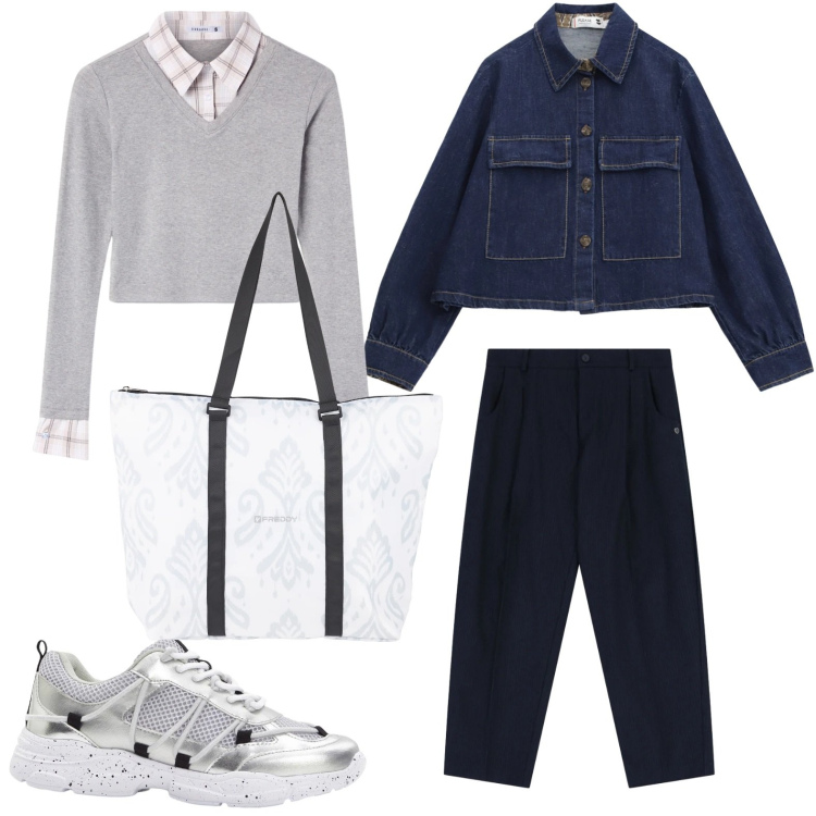 Outfit donna - Toni neutri. Stile Urban per Scuola/Università. Abbinamento con sneakers, maglieria, pantaloni, blazer, shopping bag.