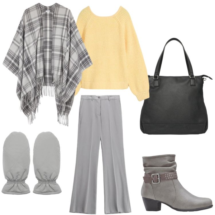 Outfit donna - Poncho glamour. Stile Casual per Ufficio. Abbinamento con maglieria, stivaletti, cappotti, guanti, shopping bag, pantaloni.
