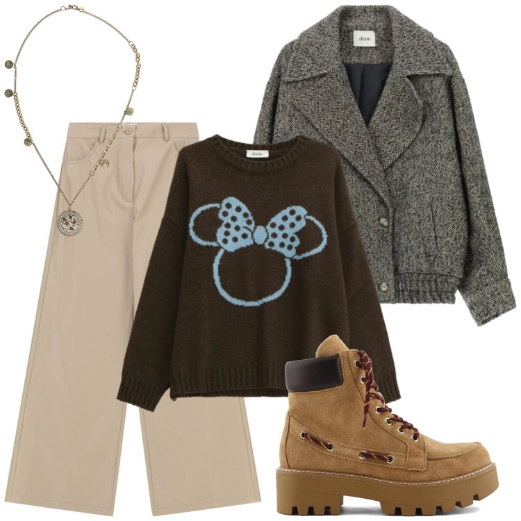 Outfit donna - Dixie - Saldi FW 2025. Stile Urban per Tutti i giorni. Abbinamento con maglieria, cappotti, pantaloni a palazzo, ciondoli, stivaletti.