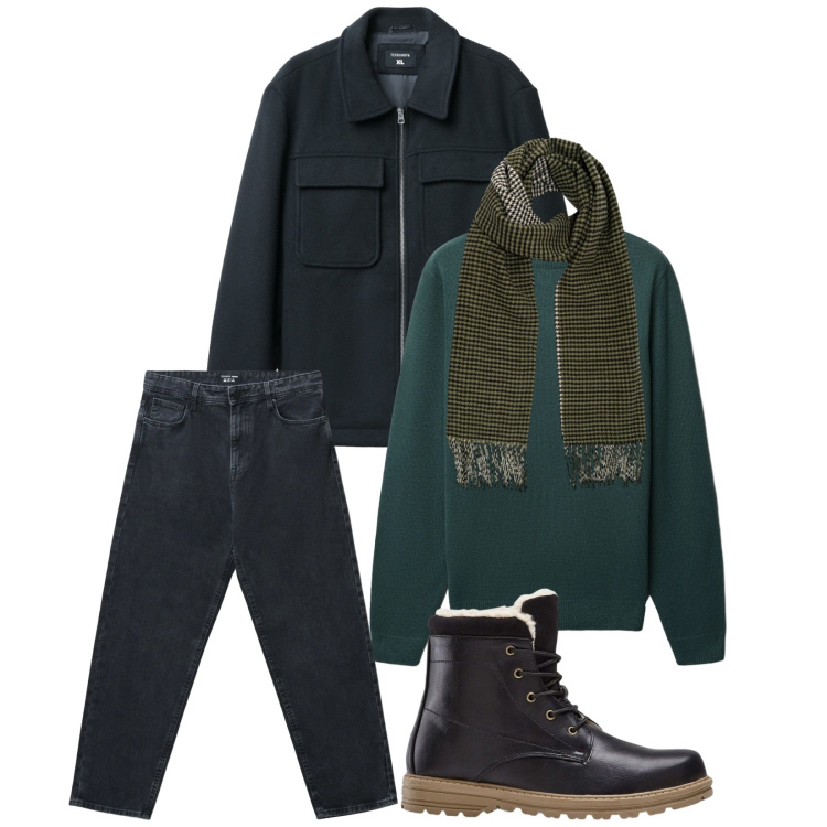 Outfit uomo - Total look #2314635. Stile Urban per Tutti i giorni. Abbinamento con stivali e stivaletti, cappotti, jeans, maglieria, sciarpe.