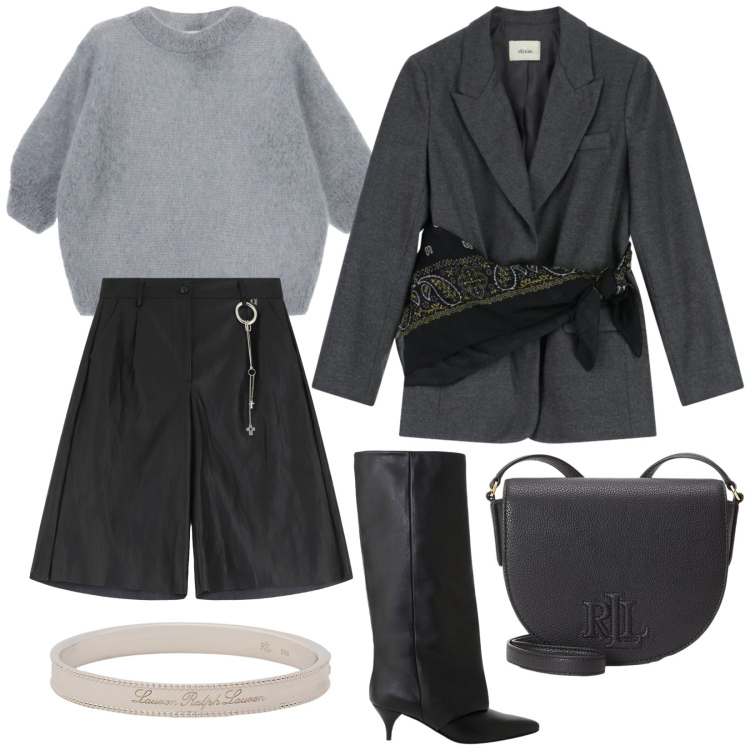 Outfit donna - Dixie. Stile Trendy per Serata fuori. Abbinamento con borse a tracolla, braccialetti, bermuda, maglieria, blazer, stivali.