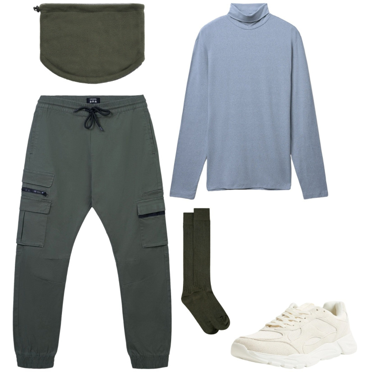Outfit uomo - Total look #2314669. Stile Urban per Tutti i giorni. Abbinamento con sneakers, pantaloni cargo, t-shirt, scaldacollo, calzini.