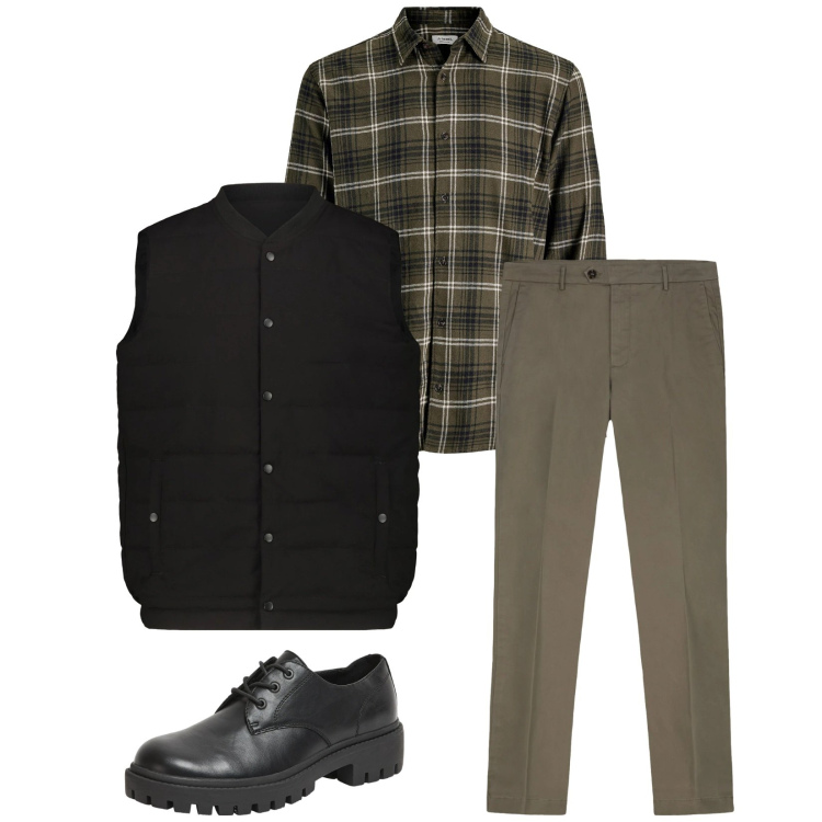 Outfit uomo - Total look #2314681. Stile Urban per Tutti i giorni. Abbinamento con camicie, scarpe stringate, pantaloni chino, piumini.