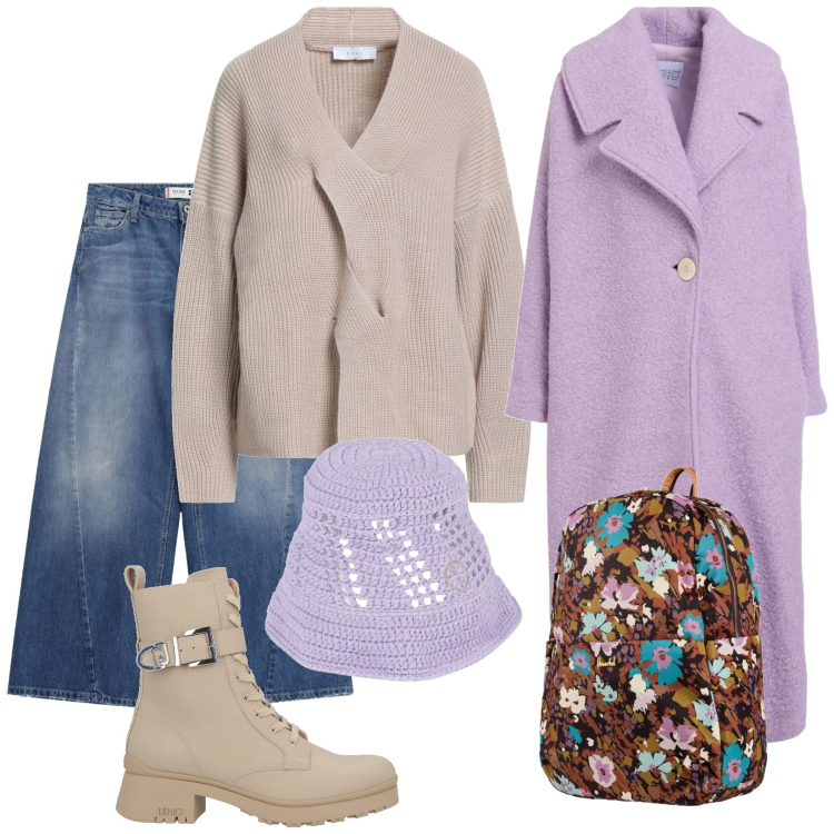 Outfit donna - Buon inizio d\'anno. Stile Trendy per Tutti i giorni. Abbinamento con cappotti, stivaletti, pullovers, cappelli, valigie, jeans.