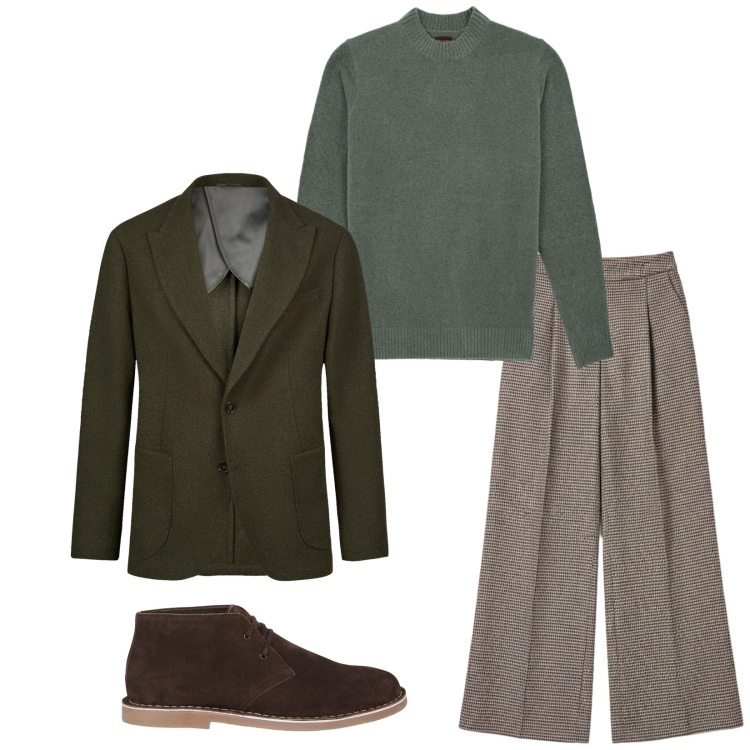 Outfit uomo - Total look #2314686. Stile Trendy per Ufficio. Abbinamento con pantaloni a palazzo, stivali e stivaletti, giacche, maglieria.