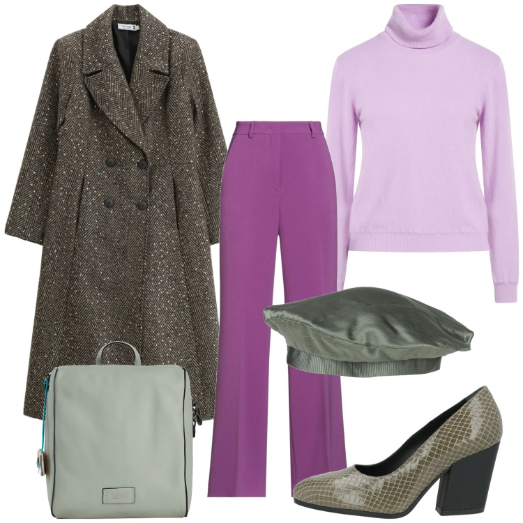 Outfit donna - Ufficio e colore. Stile Vintage retrò per Ufficio. Abbinamento con décolleté, cappelli e berretti, pantaloni, maglieria, zaini, cappotti.