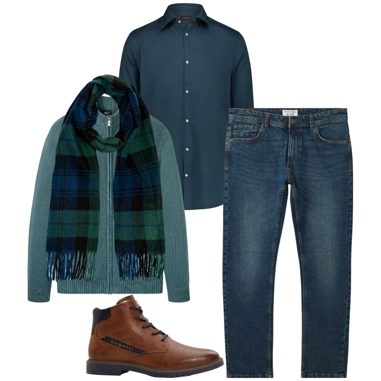 Outfit uomo - Total look #2314712. Stile Trendy per Tutti i giorni. Abbinamento con cardigans, anfibi, jeans, sciarpe, camicie.