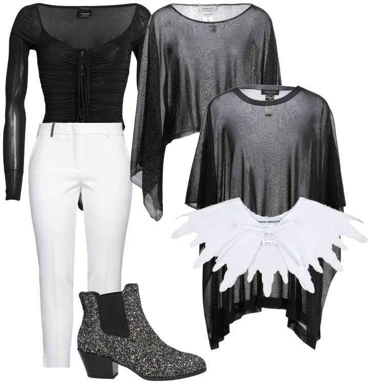 Outfit donna - Festa a tema. Stile Glamour per Serata fuori. Abbinamento con pantaloni, body, stivaletti chelsea, pullovers, cappotti, sciarpe.