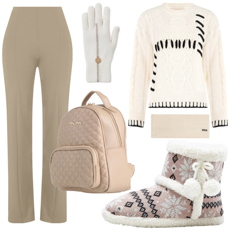 Outfit donna - Total look #2314743. Stile Casual chic per Tutti i giorni. Abbinamento con pantofole, zaini, pantaloni skinny, accessori per capelli, maglieria, guanti.