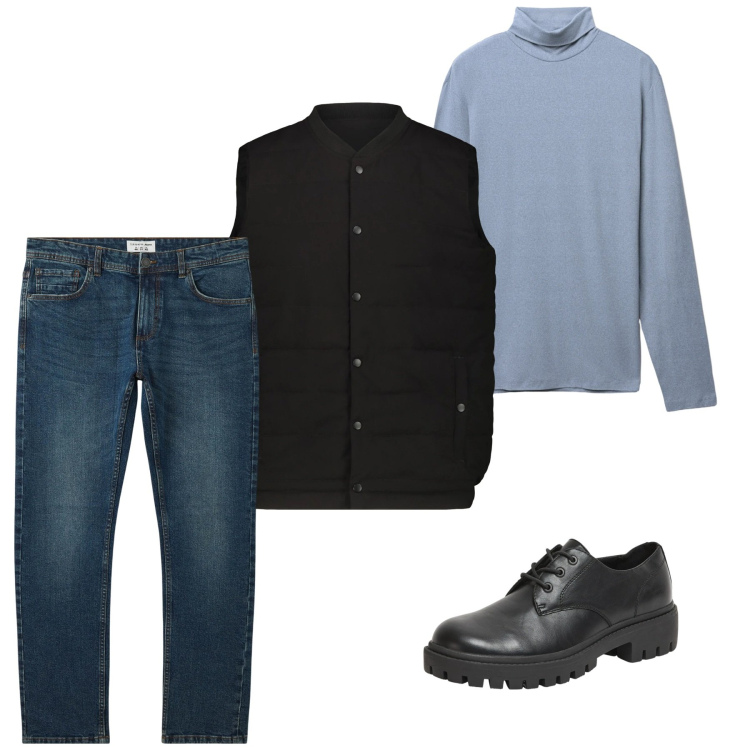 Outfit uomo - Gennaio. Stile Casual per Tutti i giorni. Abbinamento con jeans, scarpe stringate, t-shirt, piumini.