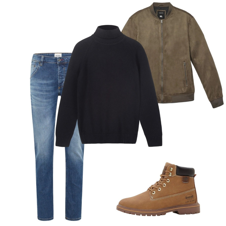 Outfit uomo - Gennaio. Stile Casual per Tutti i giorni. Abbinamento con jeans dritti, stivali e stivaletti, giacche, pullovers.