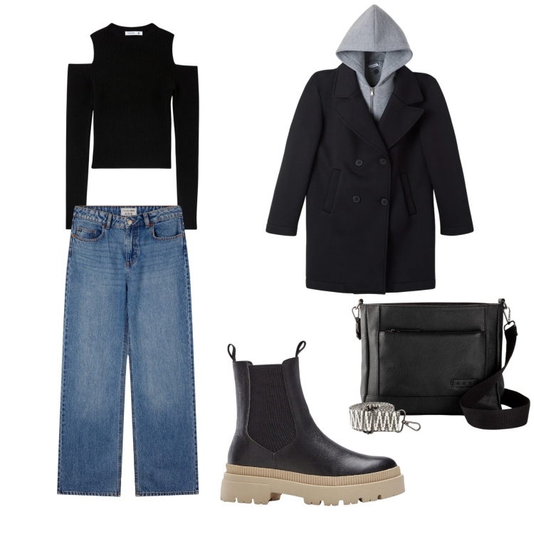 Outfit donna - Intramontabile cappotto nero. Stile Casual per Serata fuori. Abbinamento con borse a tracolla, stivaletti chelsea, maglieria, jeans, cappotti.