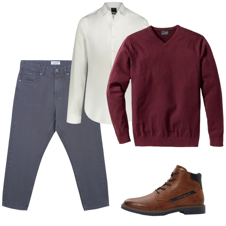 Outfit uomo - Gennaio. Stile Casual per Tutti i giorni. Abbinamento con maglieria, anfibi, jeans, camicie.