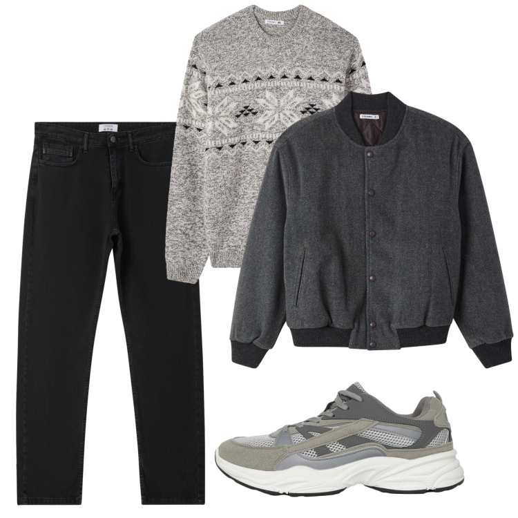 Outfit uomo - Gennaio. Stile Casual per Tutti i giorni. Abbinamento con sneakers, bomber, maglieria, jeans dritti.