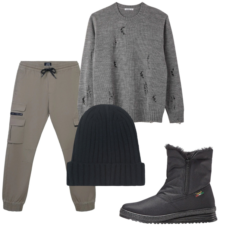 Outfit uomo - Gennaio. Stile Casual per Tutti i giorni. Abbinamento con stivali e stivaletti, pantaloni cargo, maglieria, berretti.